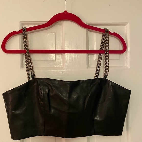 Black Leather Crop Top with Chain Straps - Picture 2 of 7